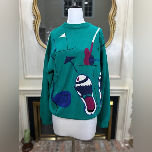 Vintage Falke Golf Sweater XL Green Graphic Knit 80s 90s Sportswear Pullover - Picture 1 of 10